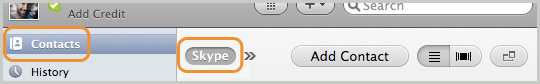 Contacts option in sidebar and Skype contact list