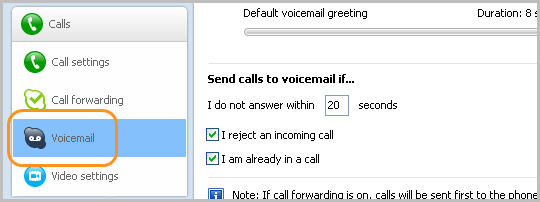 Options screen with Voicemail highlighted on left
